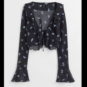 H&M Divided Black Blue Butterfly Sheer Flounce-Trimmed Chiffon Blouse Size Small